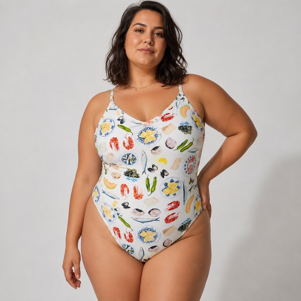 Lisa Says Gah Bo One Piece Swimsuit Tapas Ivory Snacky Print Recycled 3X NEW